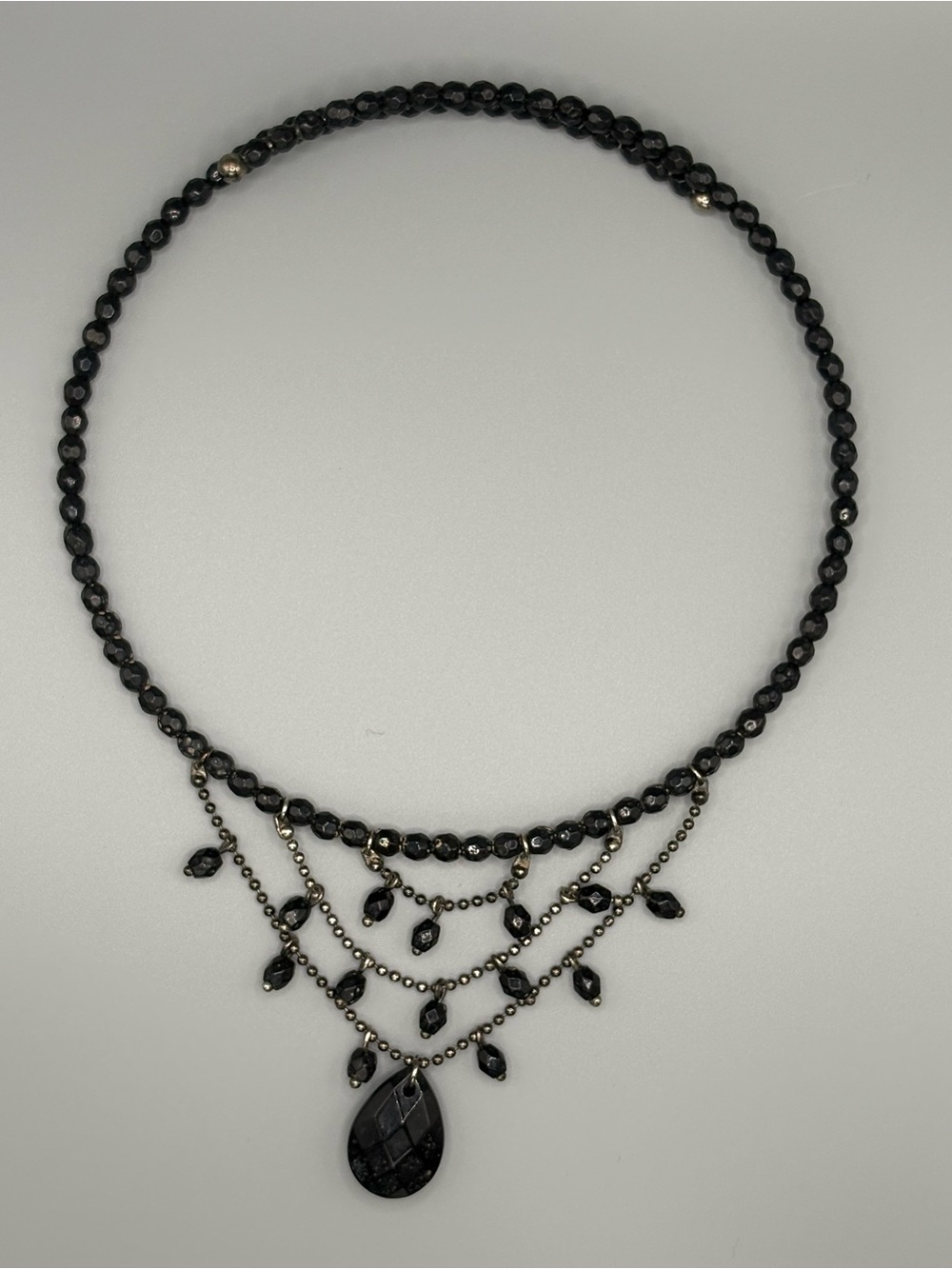 Vintage gothic black & silver tone beaded adjustable choker necklace